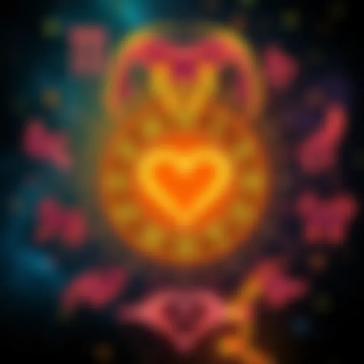 Zodiac Signs and Twin Flames A colorful zodiac wheel with symbols representing each sign, surrounded by stars and a glowing heart symbol to indicate twin flame connections.