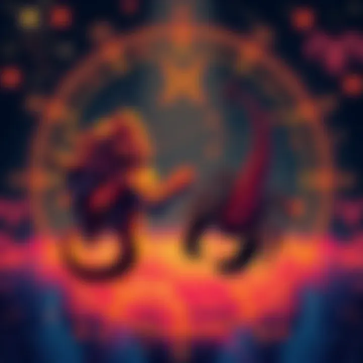 An illustration showing the zodiac signs Leo and Scorpio with connecting lines, symbolizing their relationships, along with images of Virgo and Aries signs in the background.