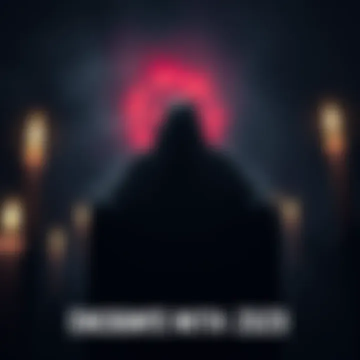 A dark shadowy figure symbolizing the entity Zozo, looming ominously with flickering candles in the background, creating an eerie atmosphere.