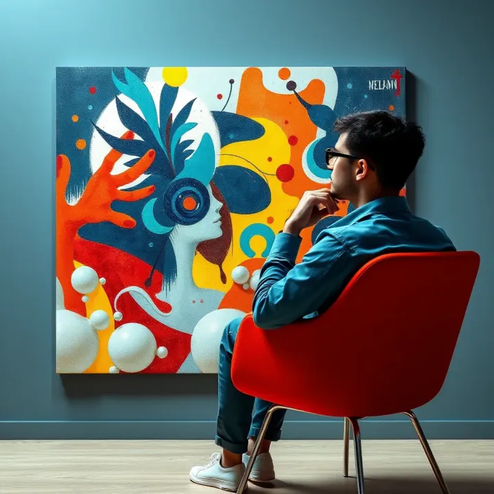 A person sitting in a chair, looking thoughtfully at a complex abstract painting, symbolizing confusion and clarity in understanding reality.