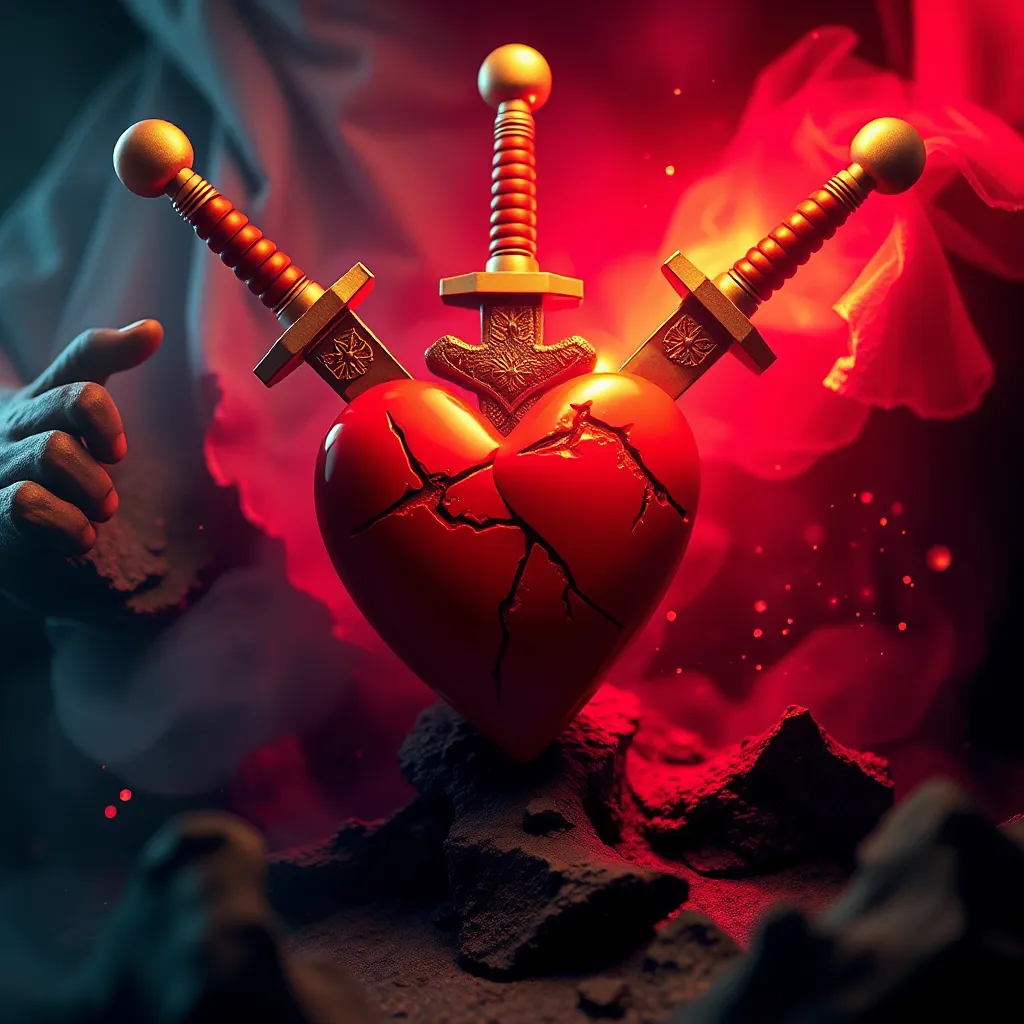Illustration of the Three of Swords tarot card with a heart pierced by swords against a stormy backdrop