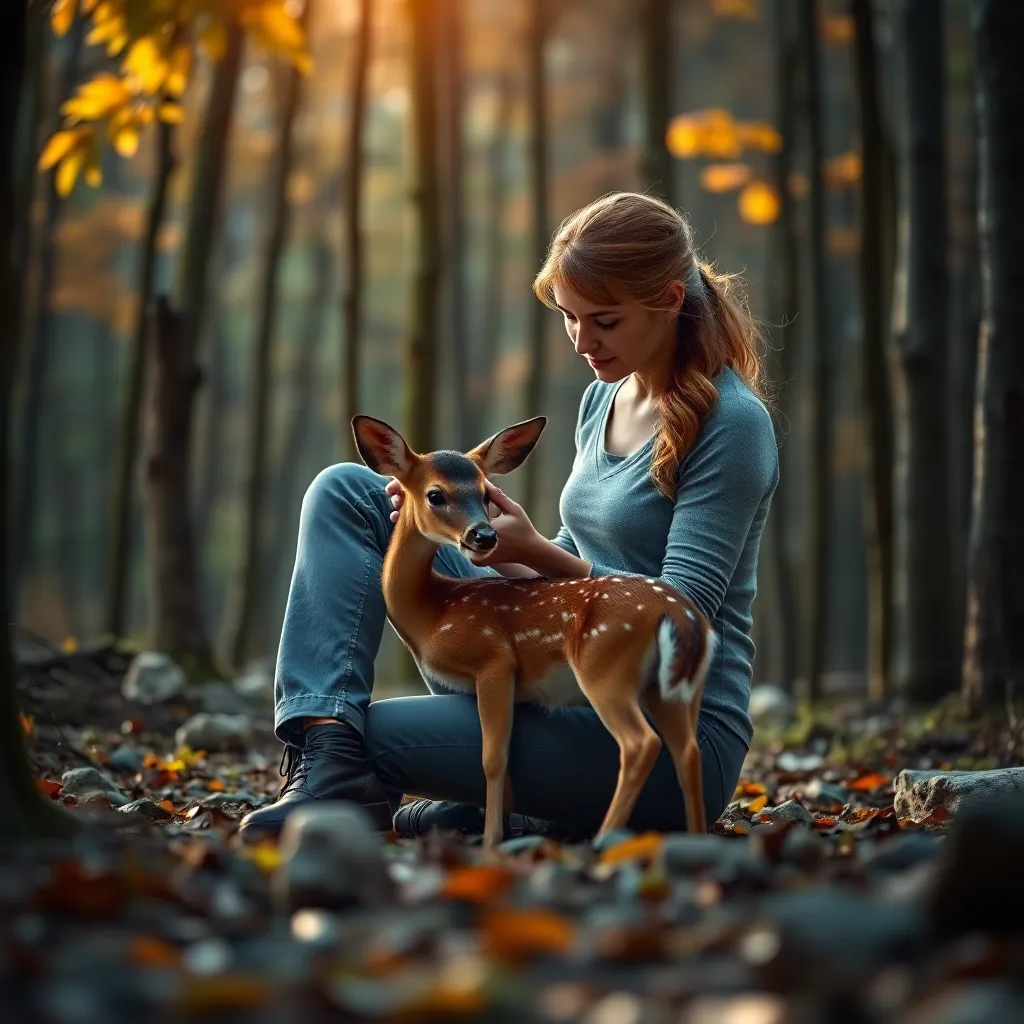 Woman Comforts Fawn in Mysterious Forest Encounter : MysteryLores